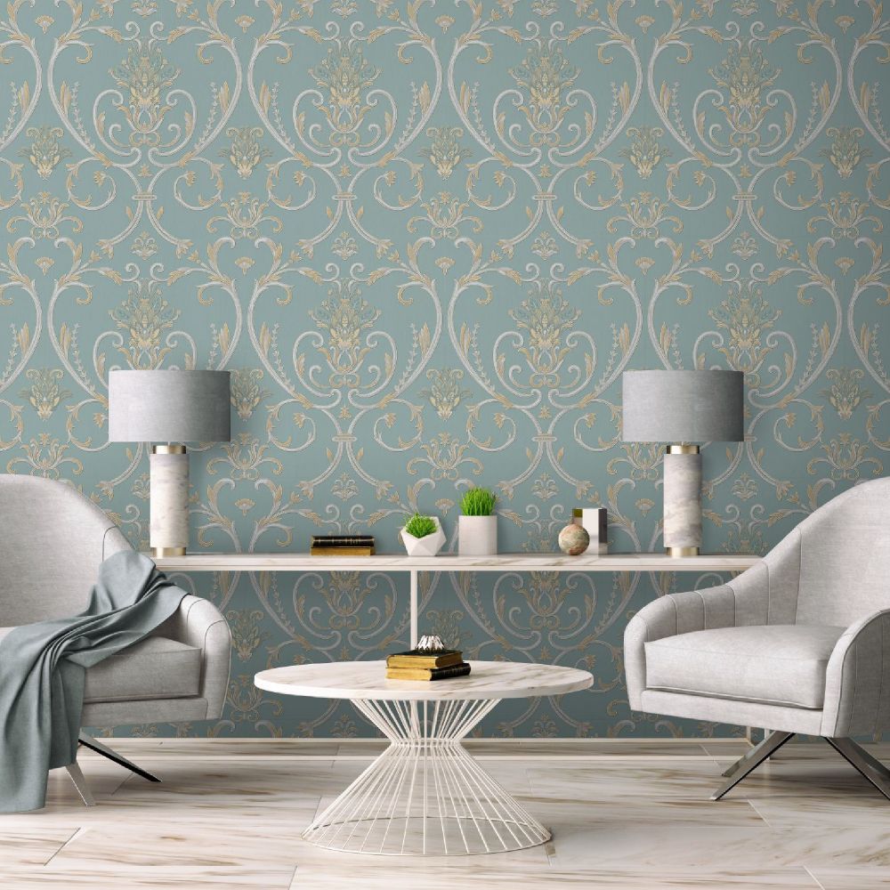 Tapet Turcoaz Inchis Model Arabescuri Beige Pret Rola