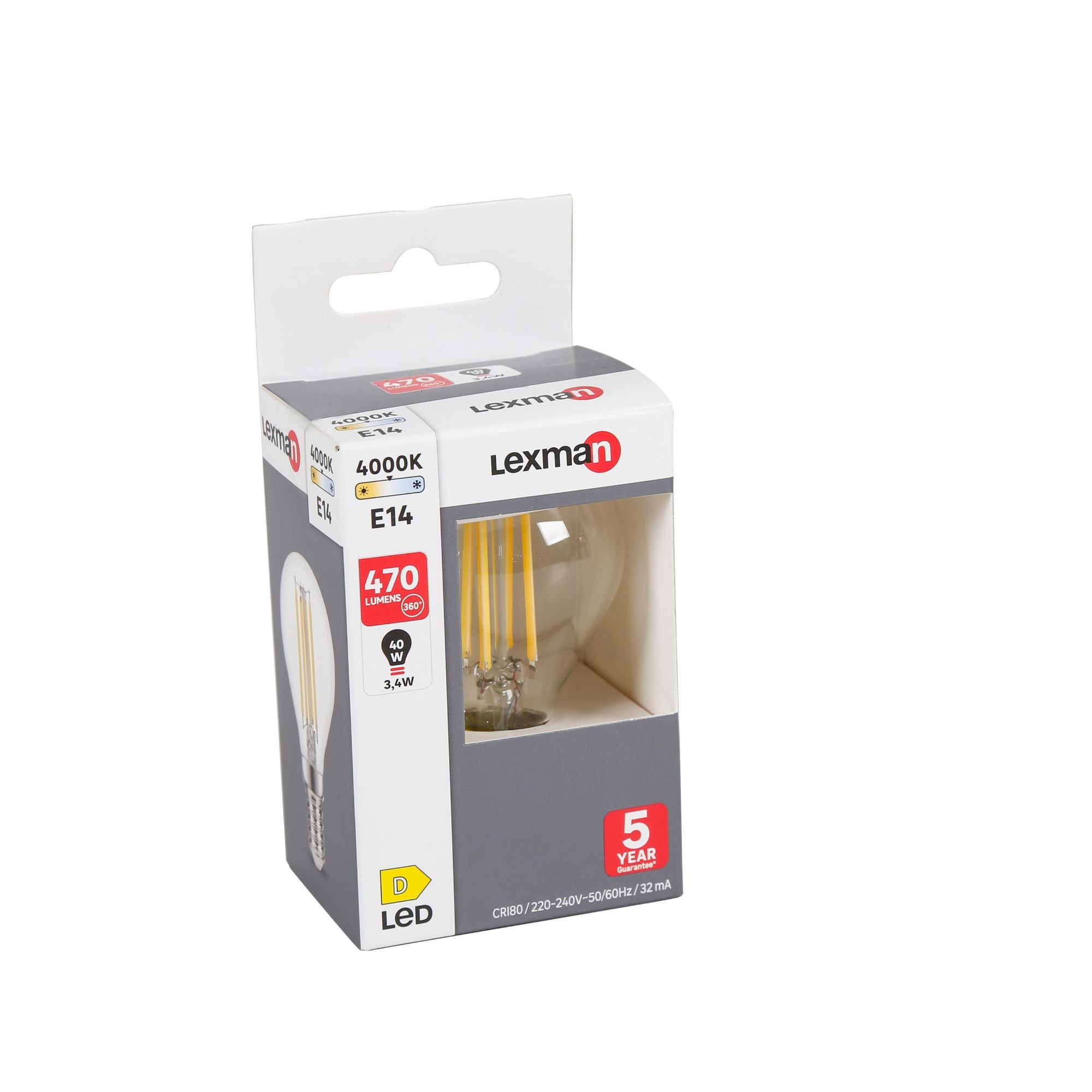 Bec LED Lexman, E14, G45, filament clar, alb neutru, 4000k, 3.4 W, 470 lm
