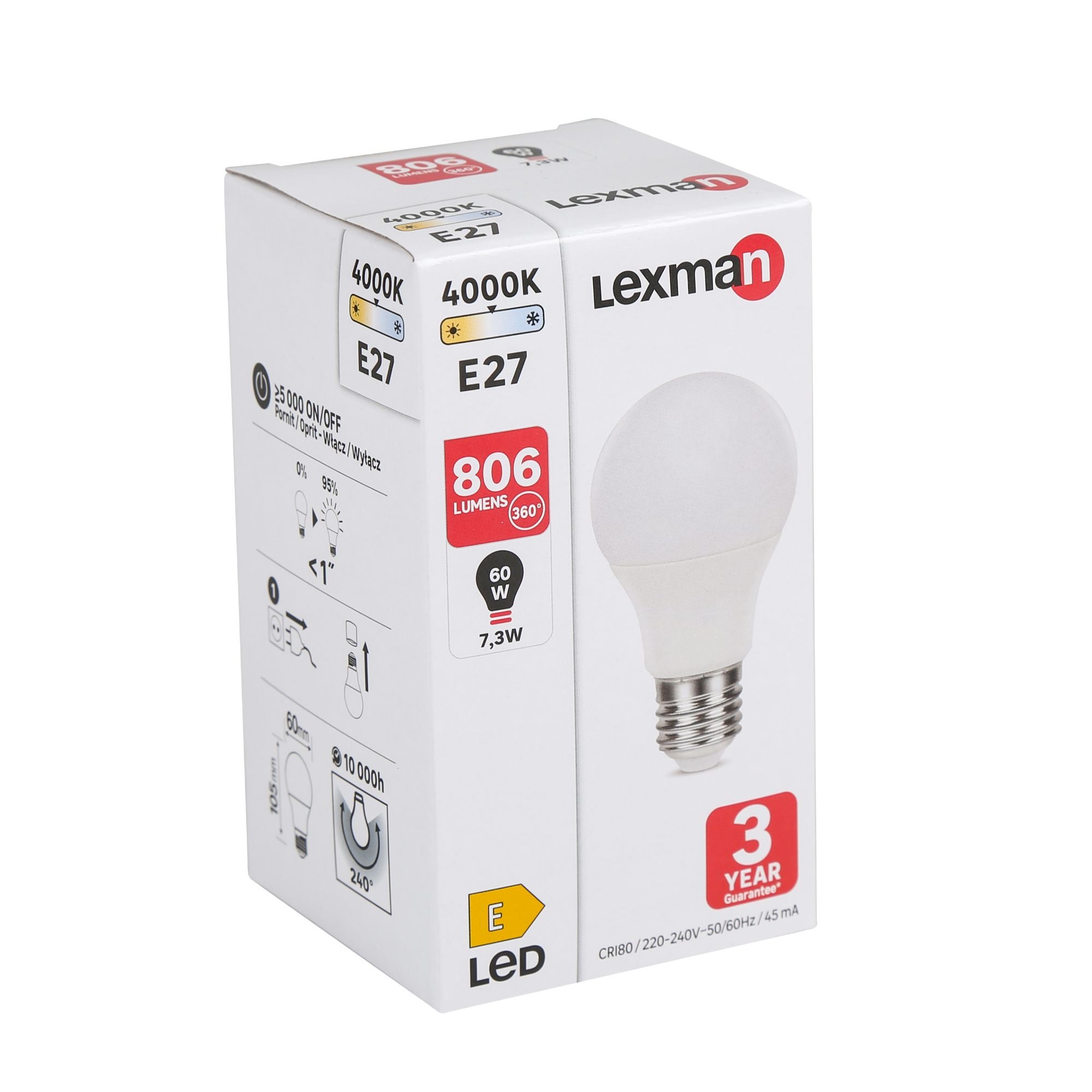 Bec LED Lexman, E27, A60, alb neutru, 4000k, 7.3 W, 806 lm, mat