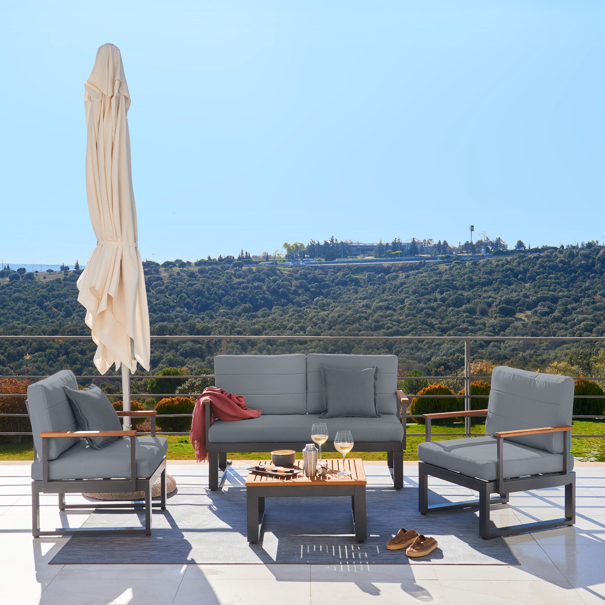 Set mobilier gradina Naterial Oris, aluminiu/textil, pentru 4 persoane, gri