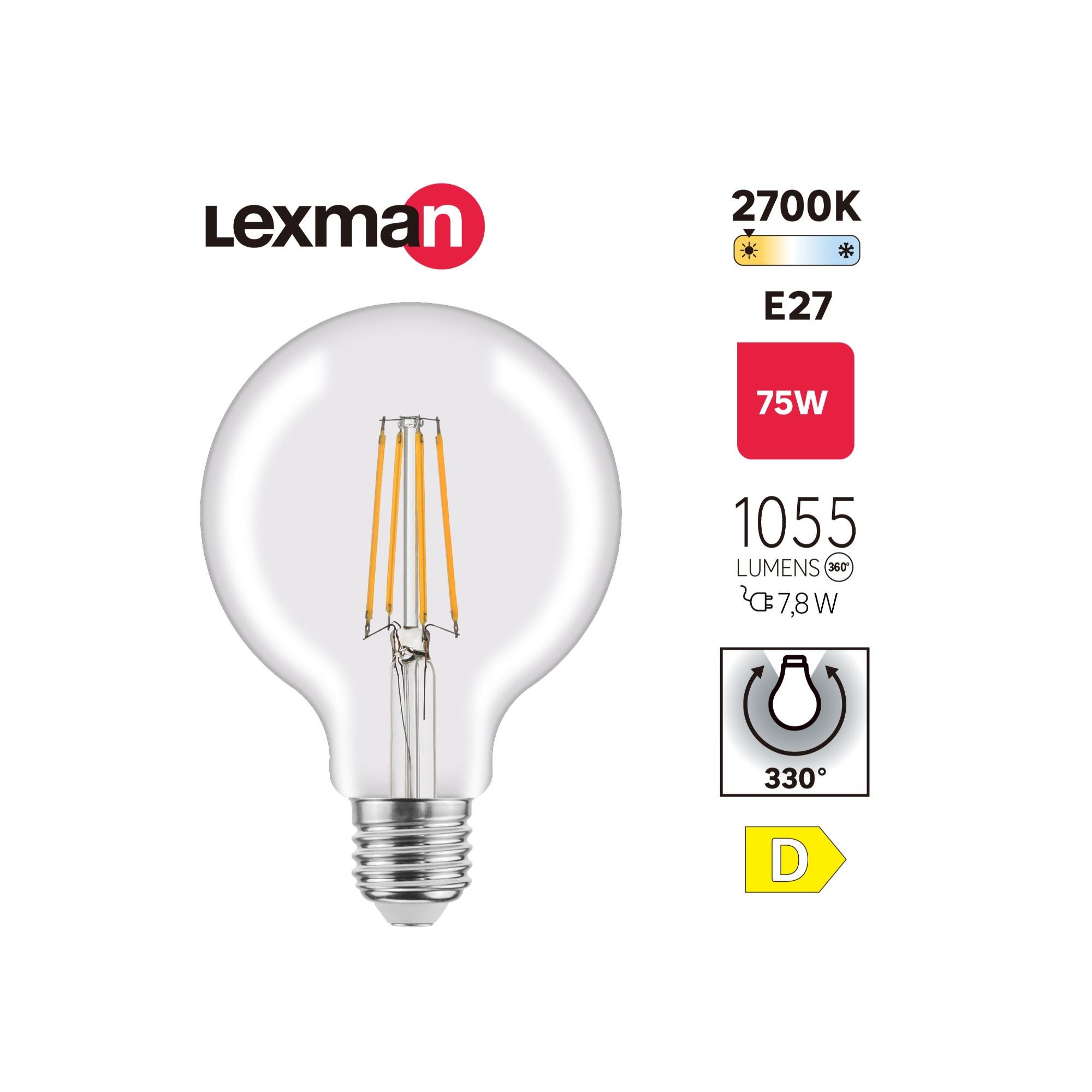 Bec LED Lexman, E27, G95, alb cald, 2700K, 7.8 W, 1055 lm, tip glob ...