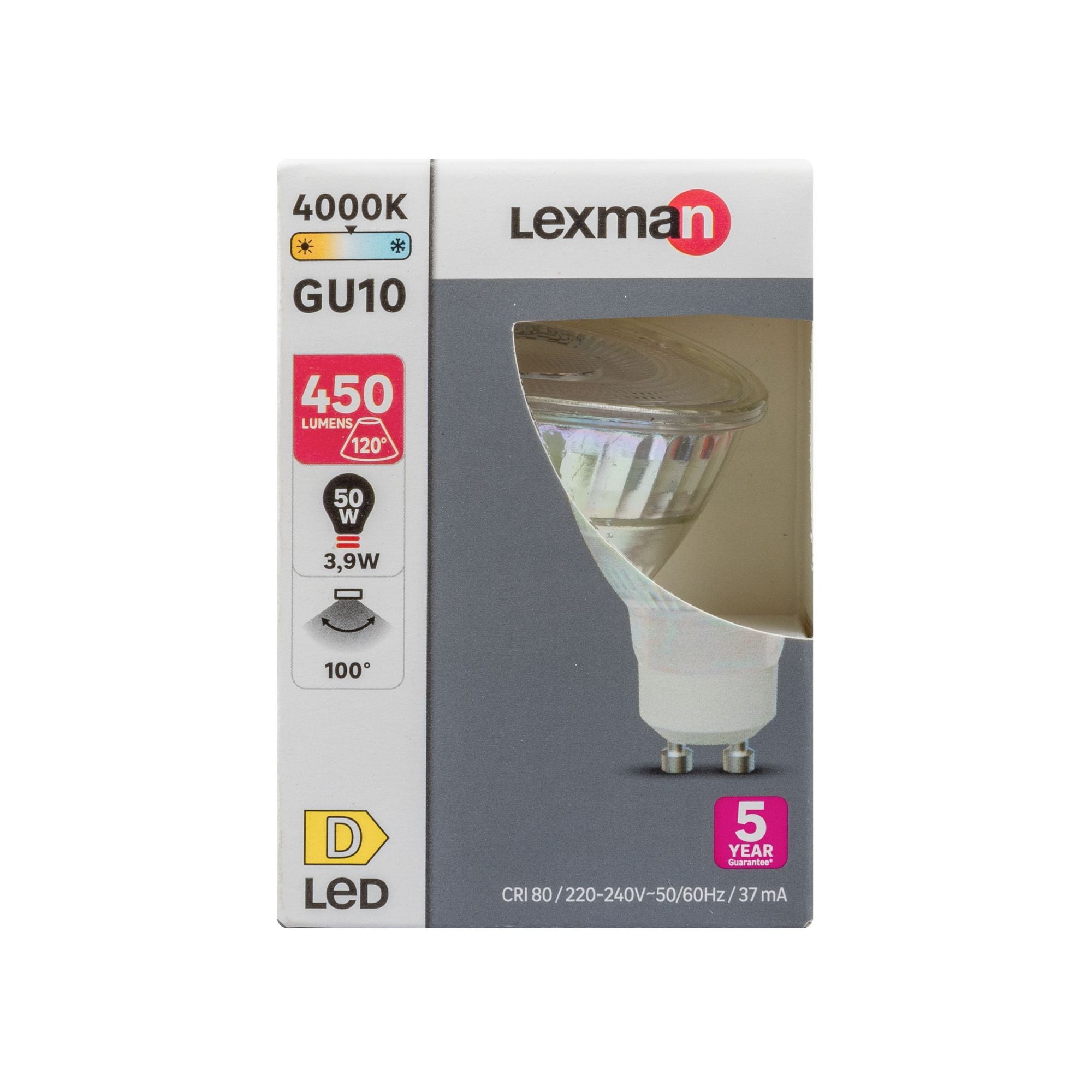 Bec LED Lexman, GU10, MR16, 3.9 W, alb neutru, 4000K, 345 lm