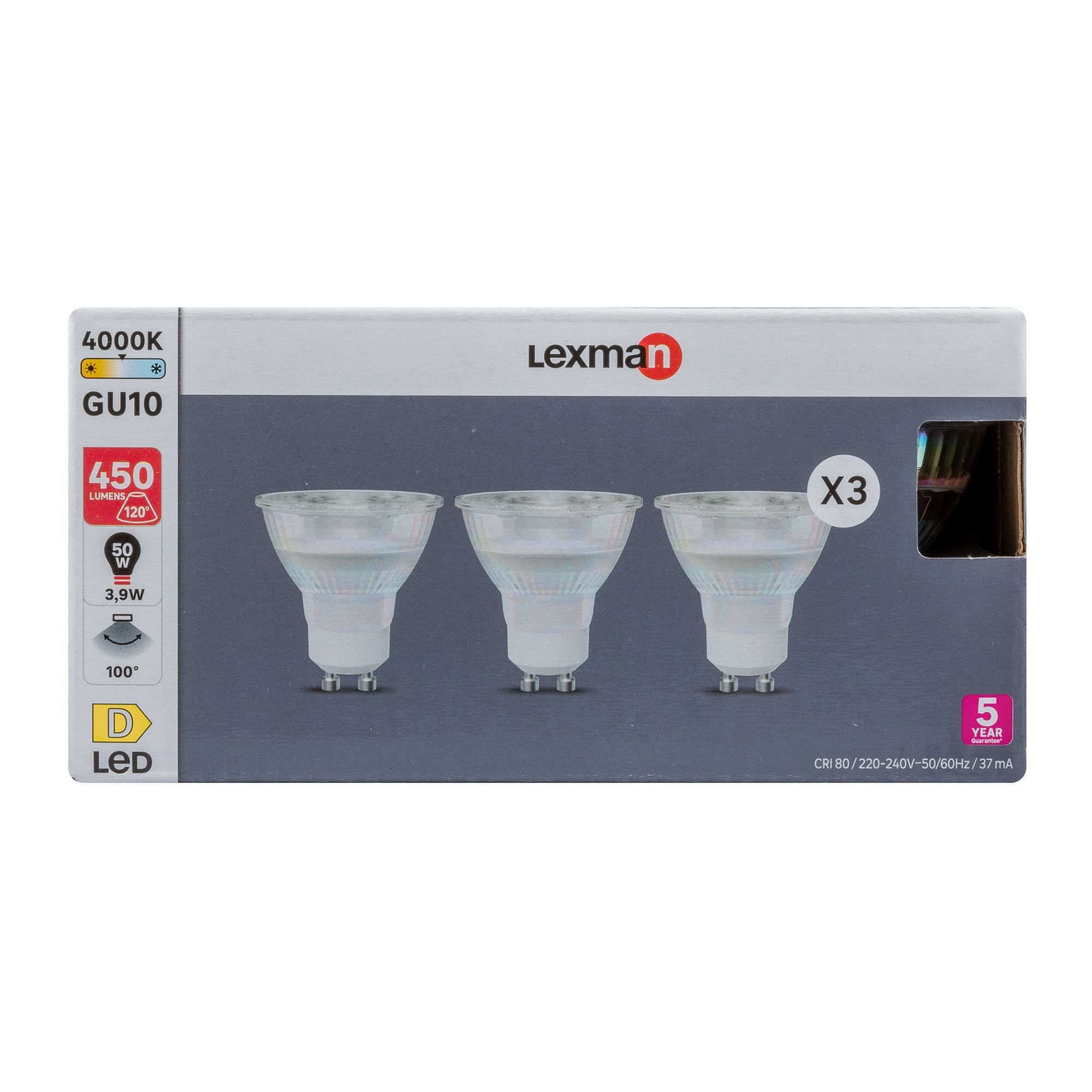 Bec LED Lexman, GU10, MR16, alb neutru, 4000K, 3.9 W, 450 lm, set 3 bucati