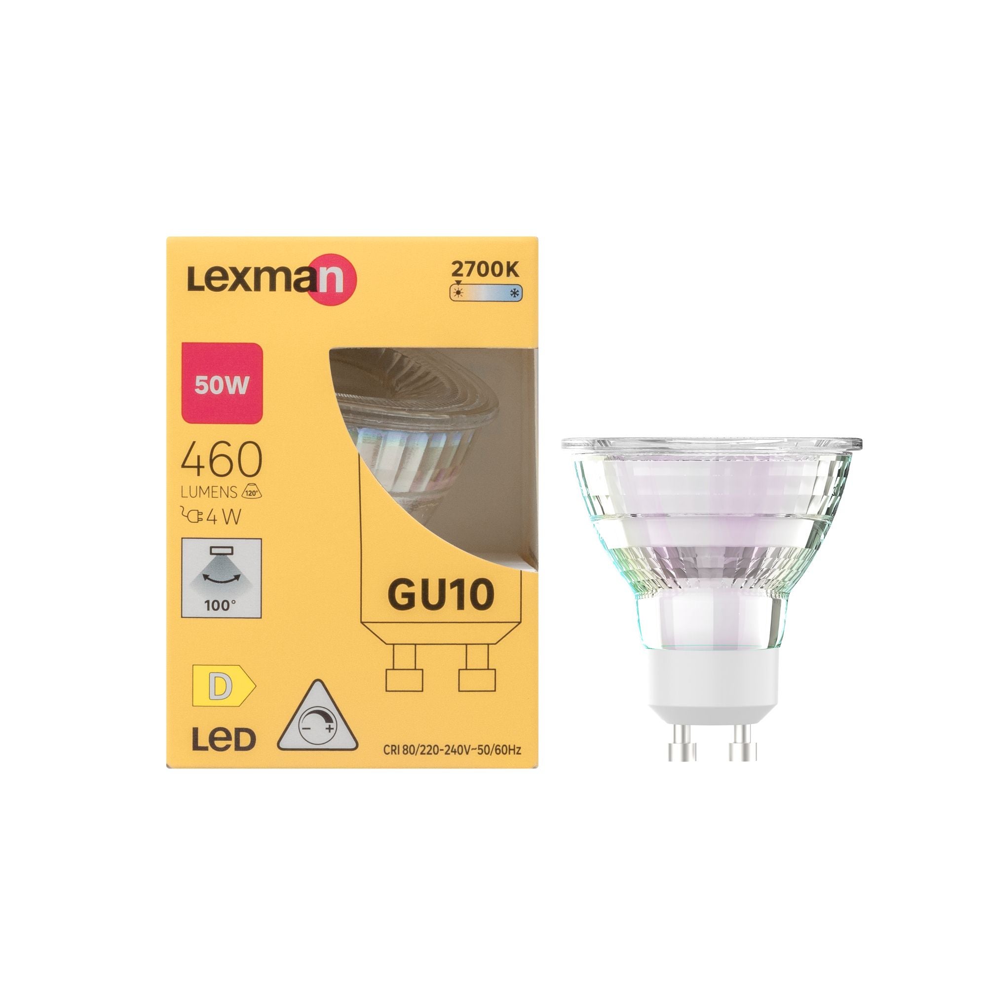 Bec LED lexman, GU10, MR16, dimabil, alb cald, 2700K, 4 W, 460 lm