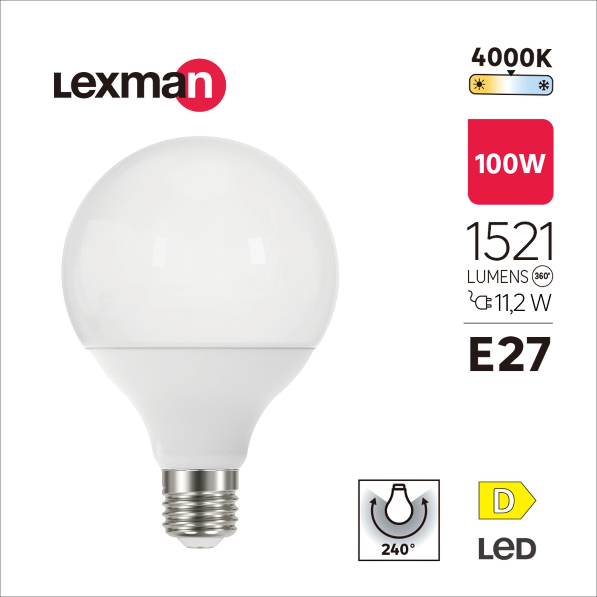 Bec LED Lexman, E27, G95, alb neutru, 4000K, 11.2 W, 1521 lm, tip glob, mat