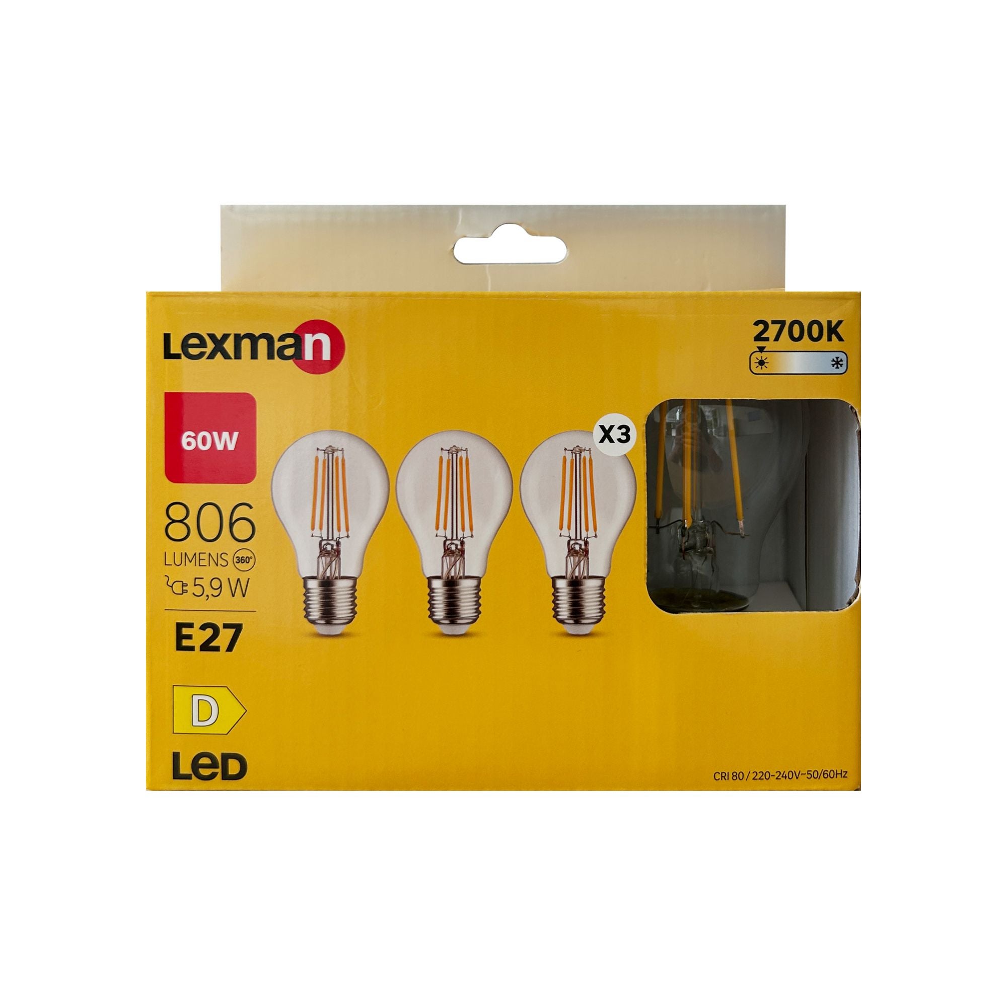 Bec LED Lexman, E27, A60, 5.9 W, 806 lm, alb cald, 2700K, set 3 bucati