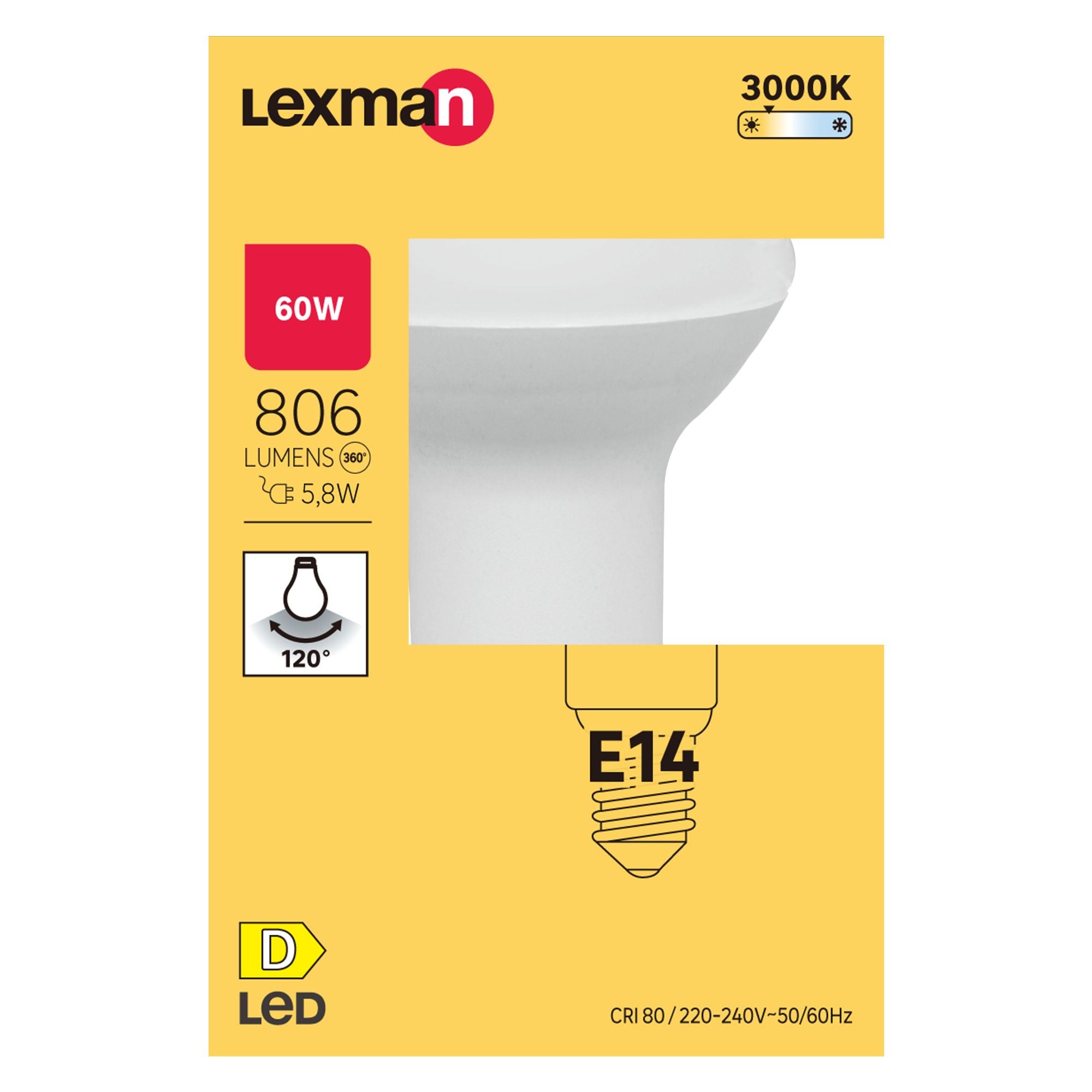 Bec LED Lexman, E14, R50, 5.8 W, alb cald, 3000K, 806lm, mat