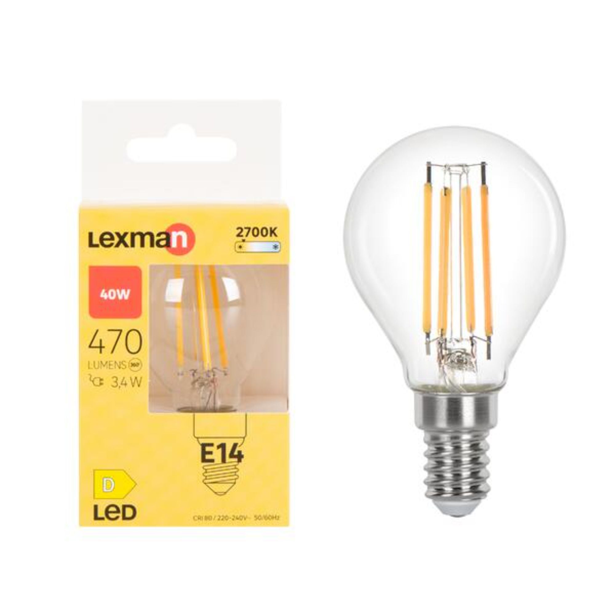 Bec LED Lexman, E14, G45, filament clar, alb cald, 2700k, 3.4 W, 470 lm
