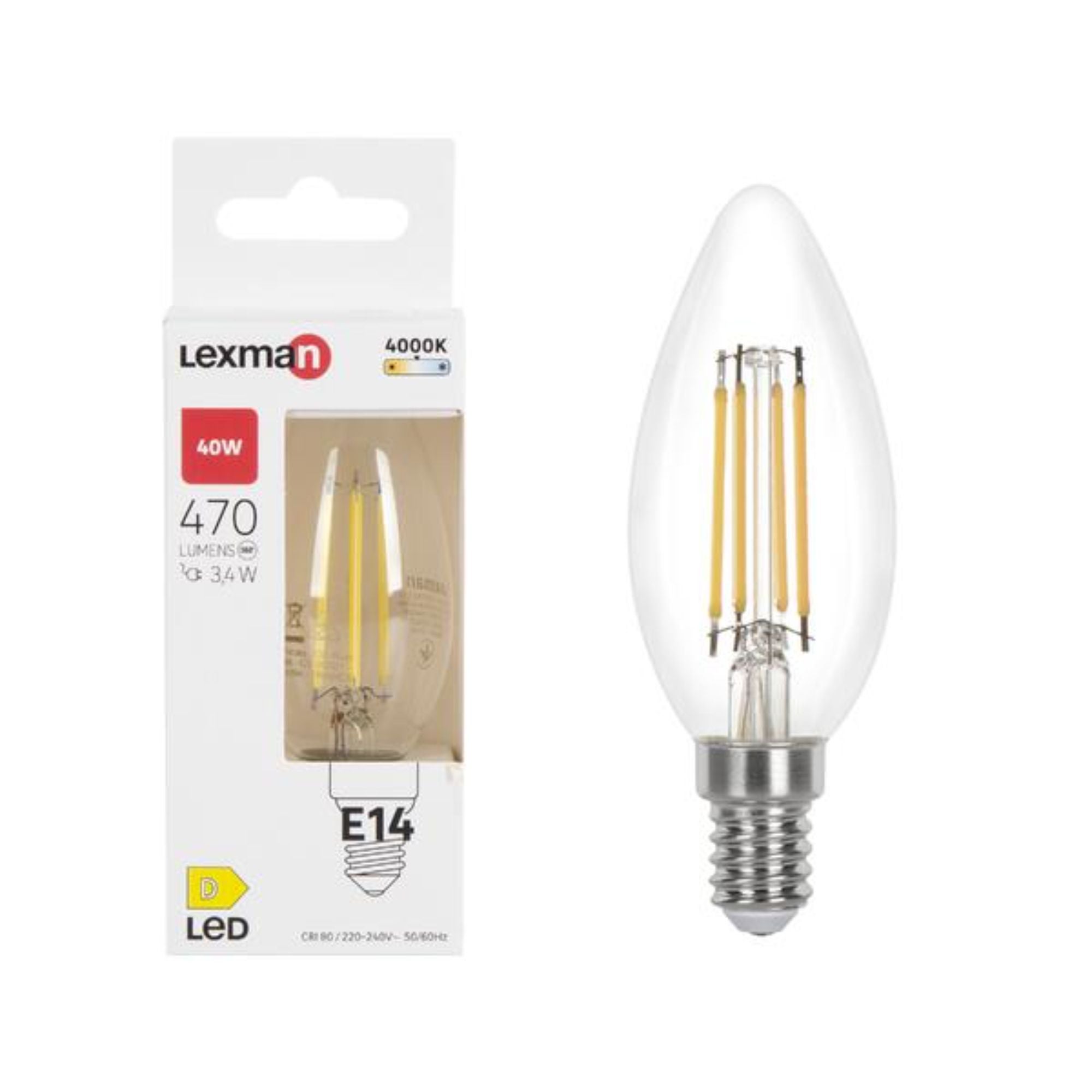 Bec LED Lexman, E14, C35, filament clar, alb neutru, 4000k, 3.4 W, 470 lm