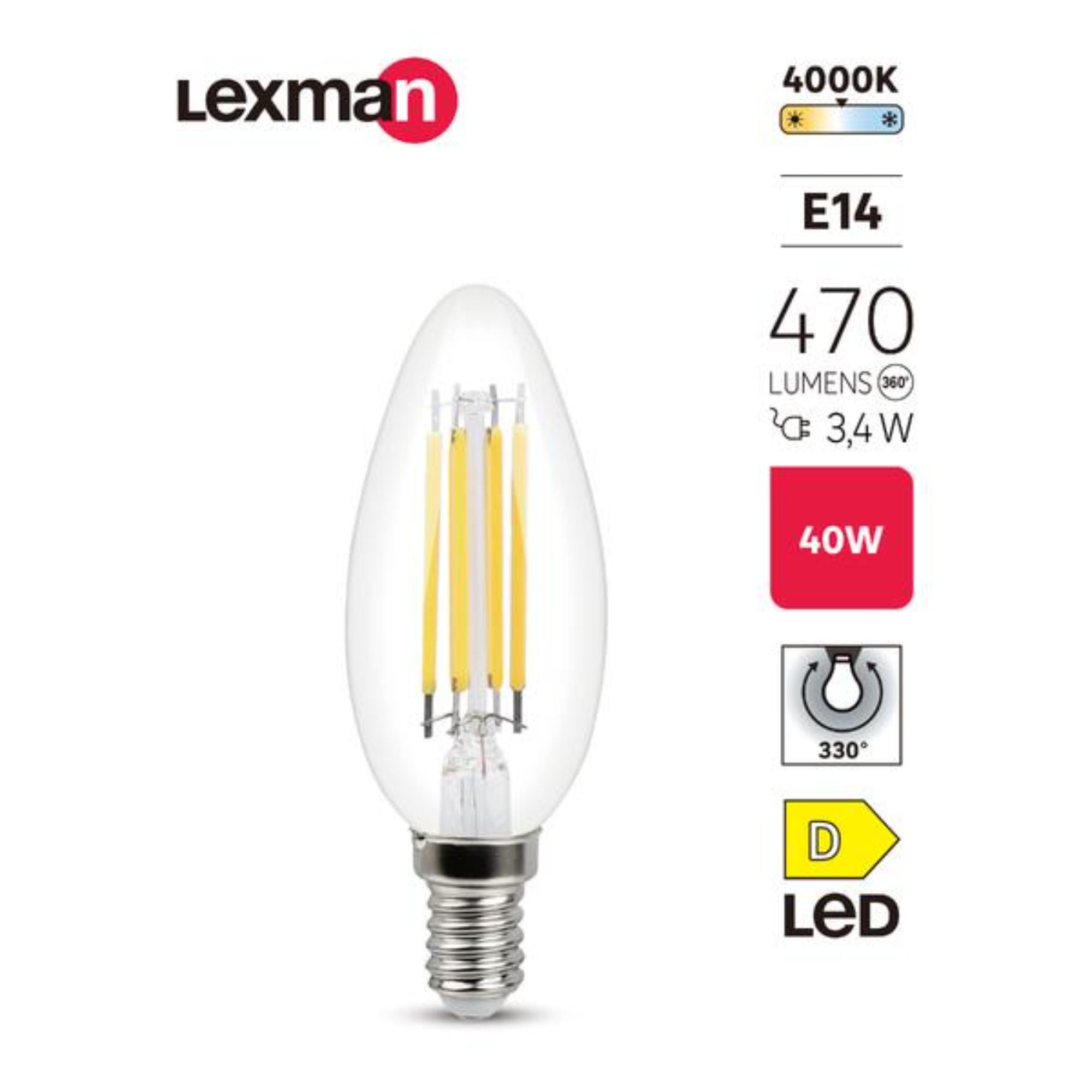 Bec LED Lexman, E14, C35, filament clar, alb neutru, 4000k, 3.4 W, 470 lm