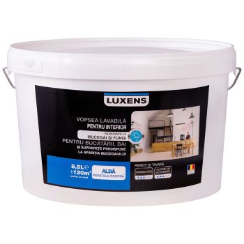 Vopsea lavabila alba Luxens, pentru baie si bucatarie, 8.5 L, aspect satinat