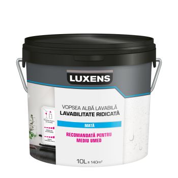 Vopsea lavabila alba Luxens, recomandata pentru mediu umed, 10 L, aspect mat