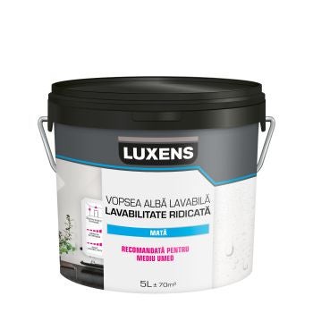 Vopsea lavabila alba Luxens, recomandata pentru mediu umed, 5 L, aspect mat