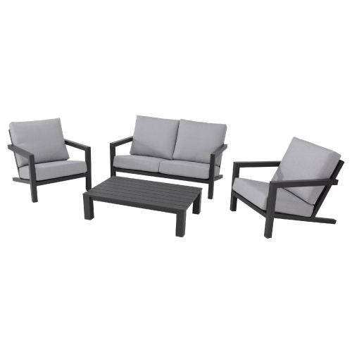 Set mobilier relaxare cu masa, 2 scaune si sofa negru/gri