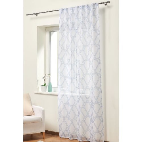 Perdea alba, model geometric turcoaz, 140 x 245 cm, Malla
