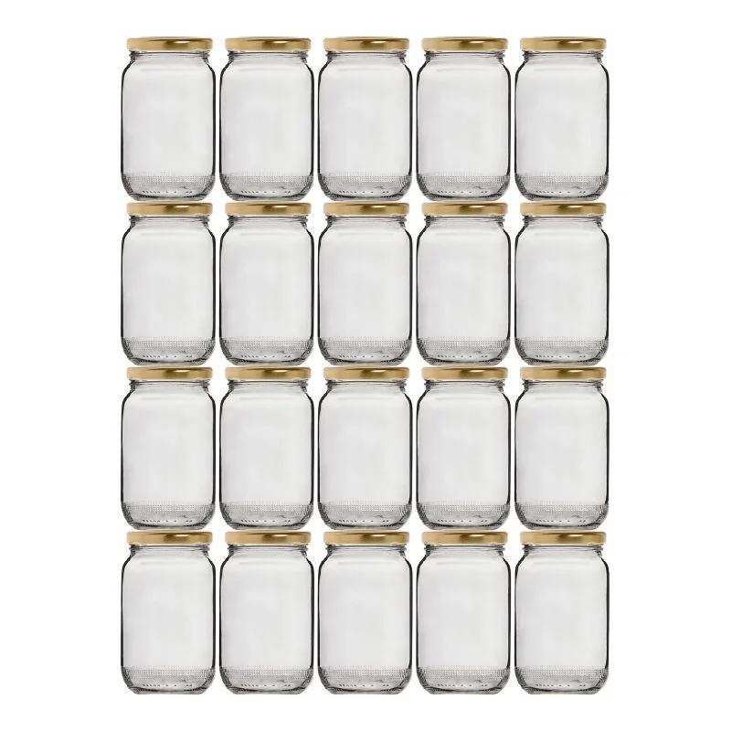 Borcan cu capac, sticla, capac metal auriu, capacitate 370 ml (set 20 buc)
