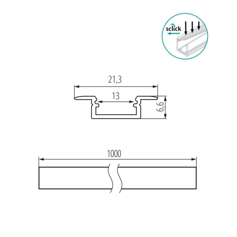 Profil pentru banda LED de 8 mm, L 1 m, IP20, aplicat