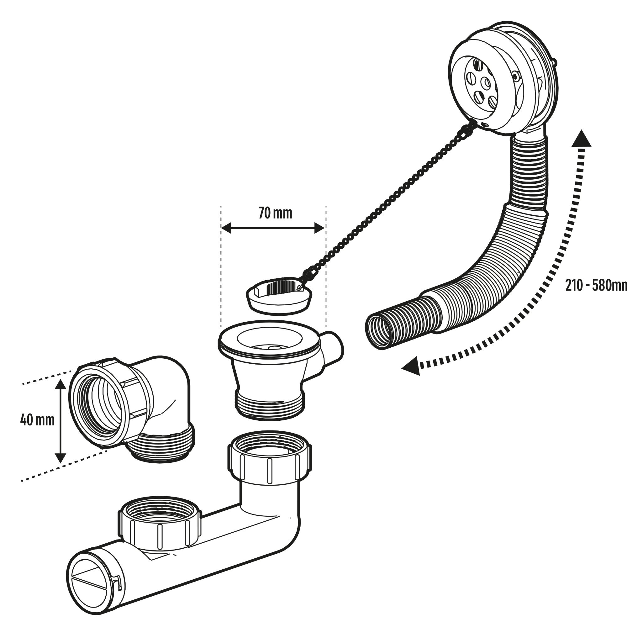 Coloana cada, cu dop si lant, sifon rigid, Ø 40 mm