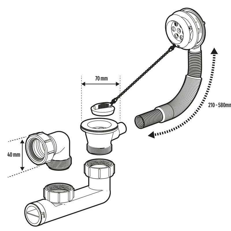 Coloana cada, cu dop si lant, sifon rigid, Ø 40 mm