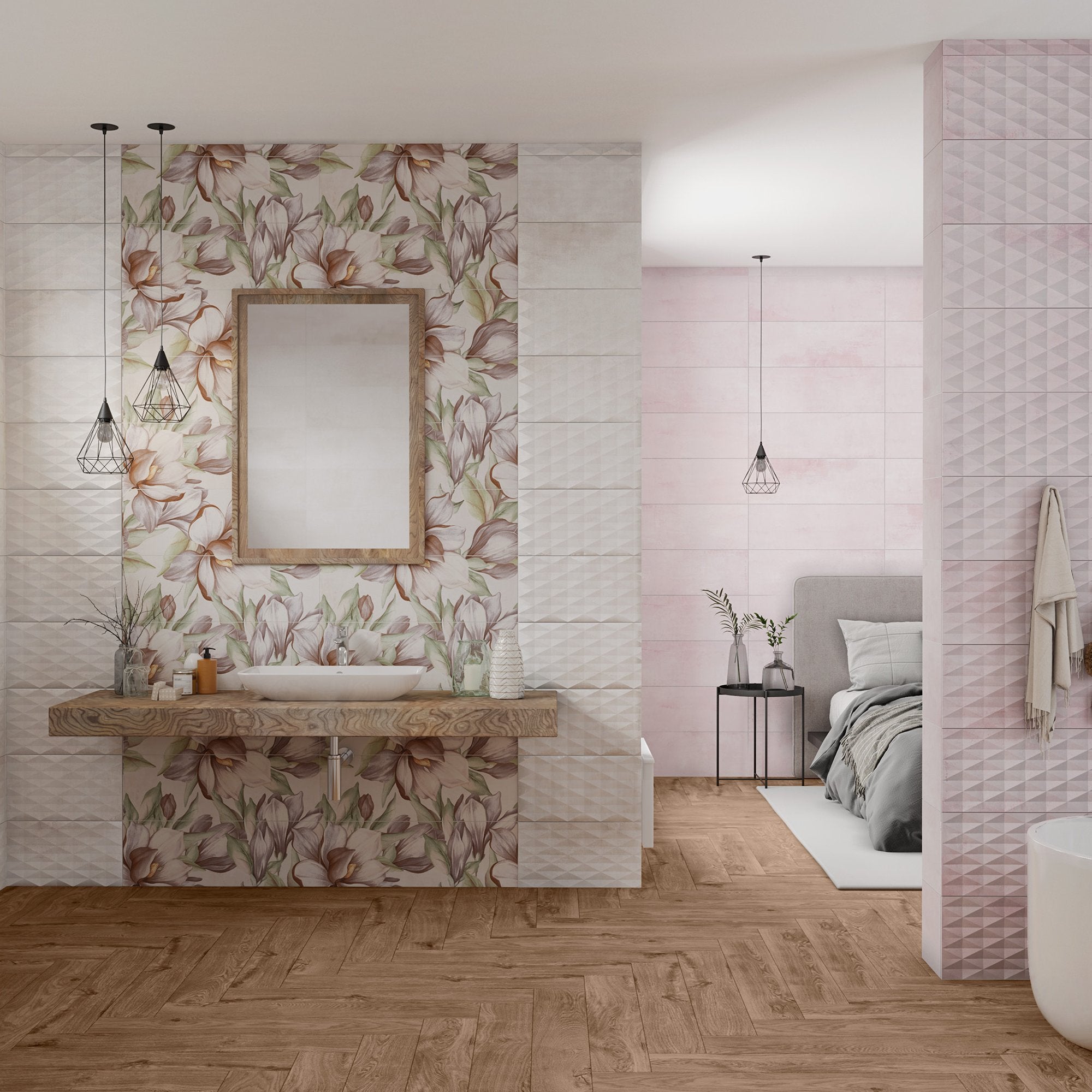 Faianta 24.4 x 74.4 cm, Cemento Rosa Diamond, aspect beton, roz ...