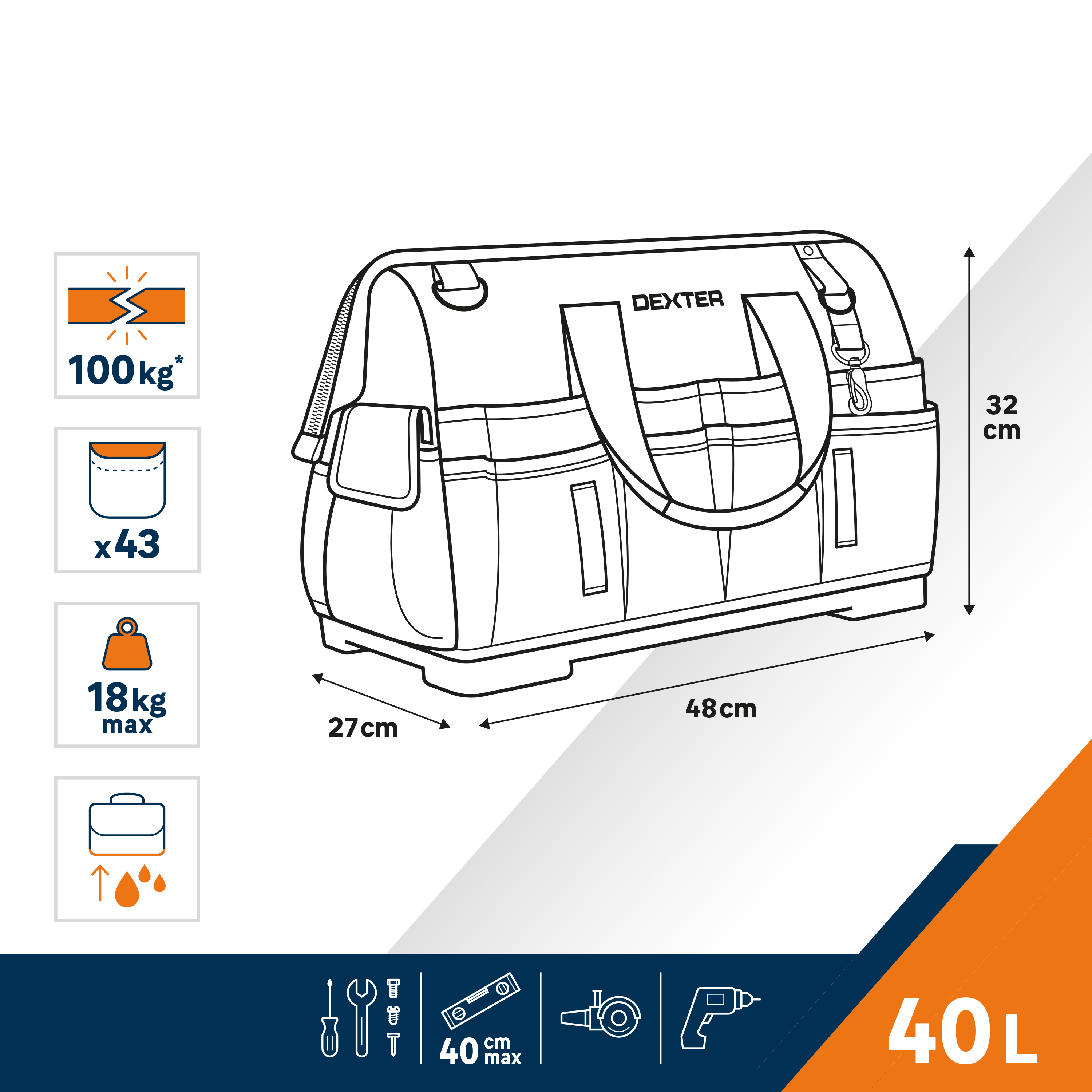 Geanta unelte Dexter, cu organizator, textil, 40 L, 48 x 32 x 27 cm