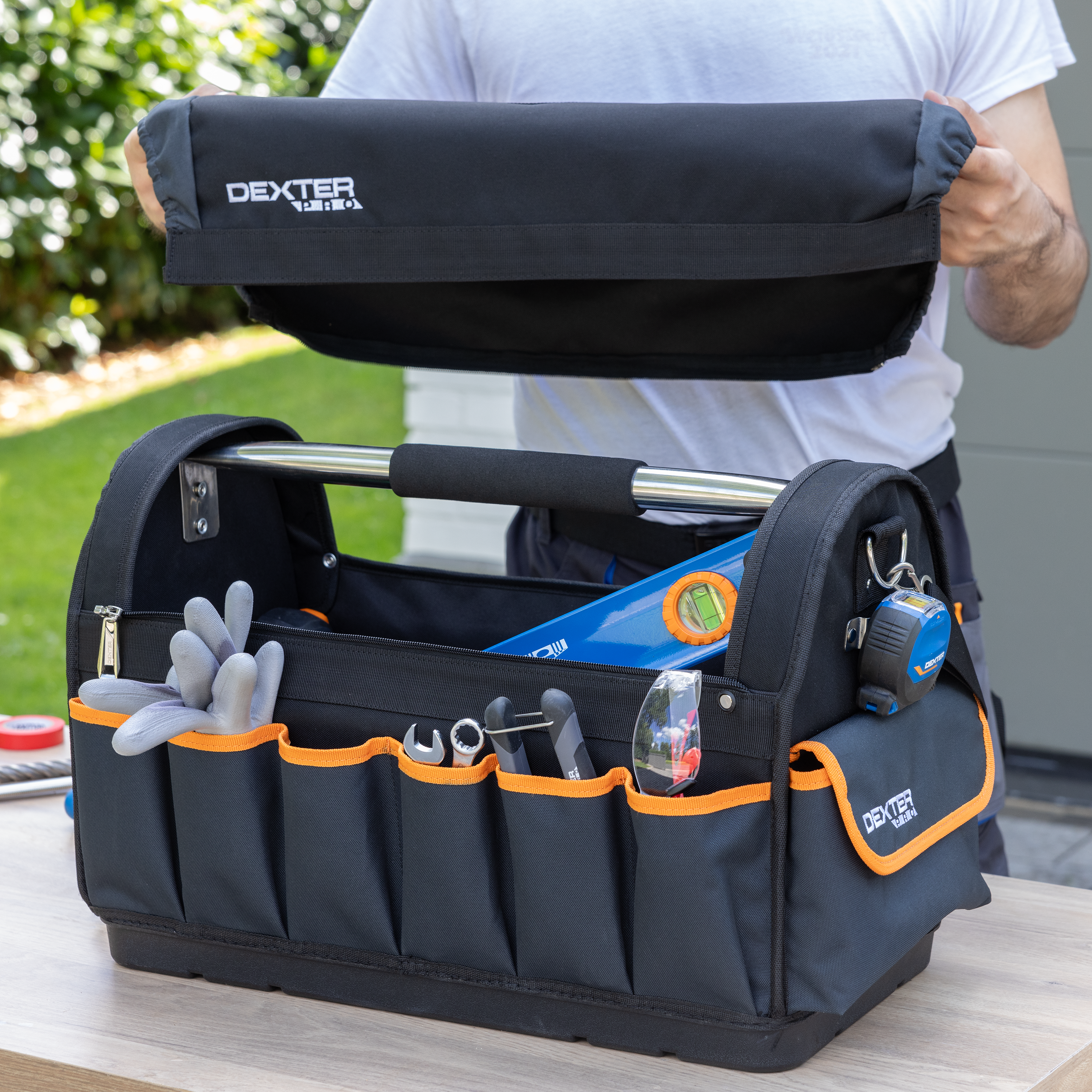 Geanta unelte cu clapa Dexter, cu organizator, textil, 48 L,52 x